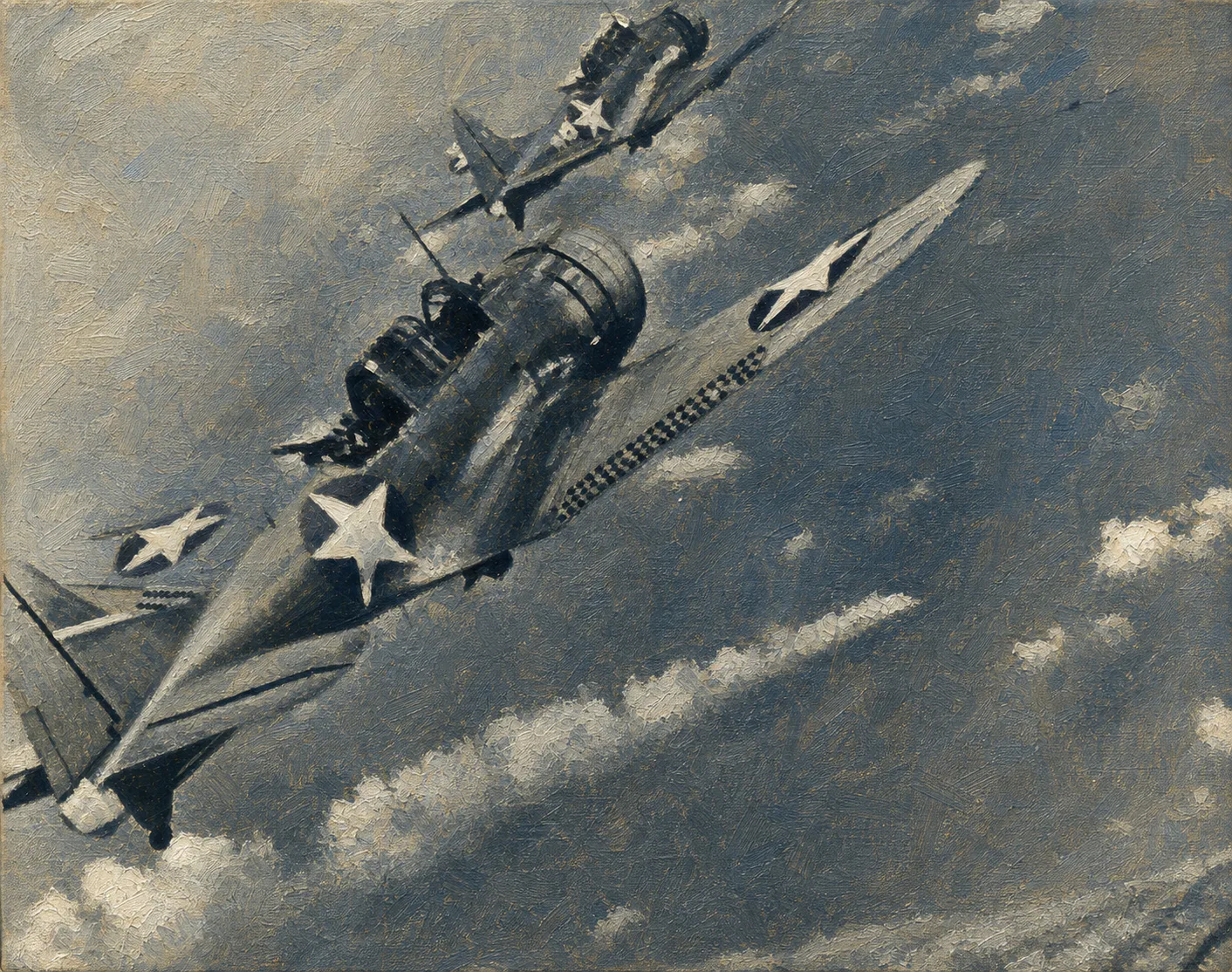 Oil-painted SBD Dauntless aircraft descending over a Pacific naval battle